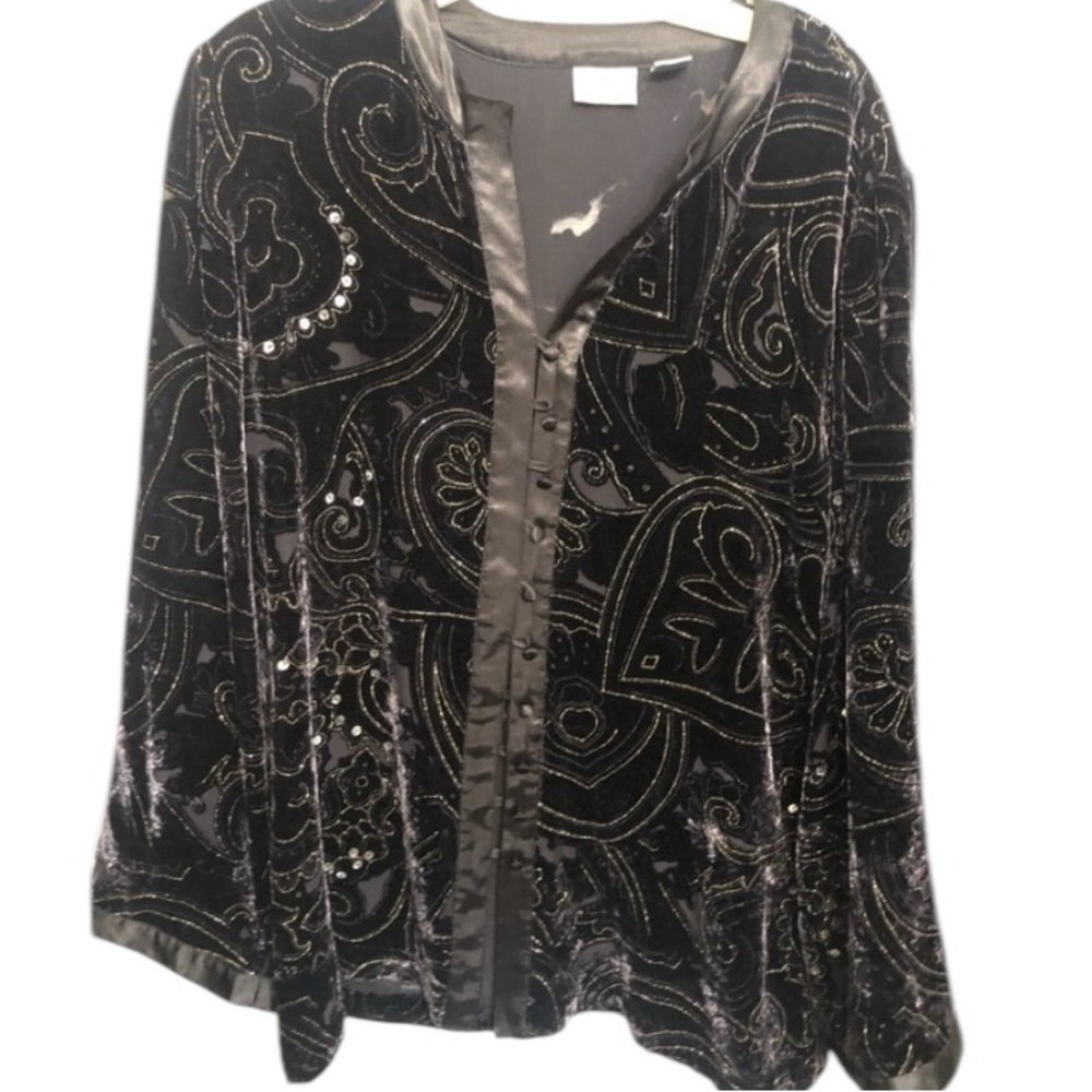 Chico’s Large black velveteen & semi sheer textured button down top satin trim